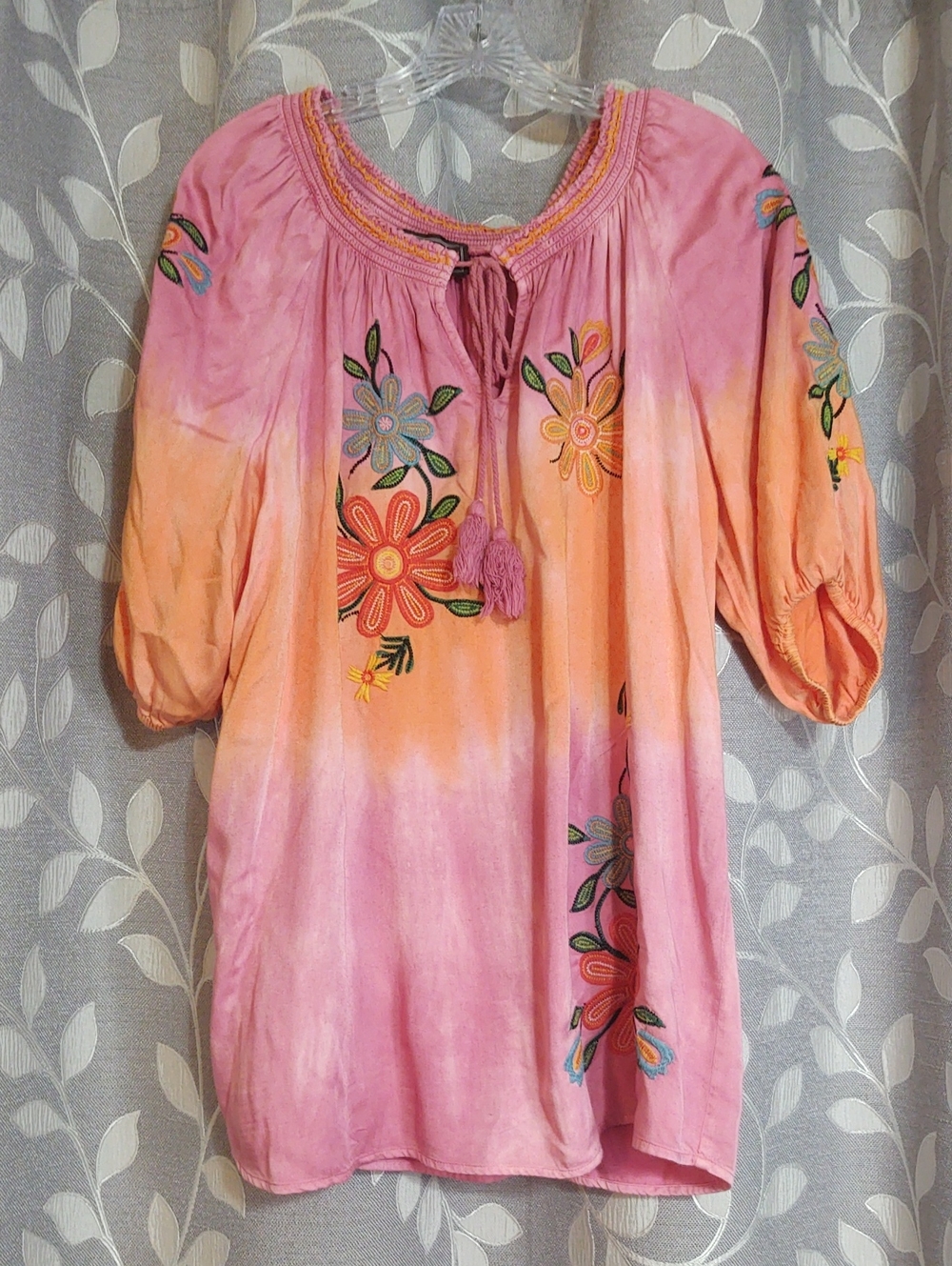 Double D Ranch Embroidered Pink-Orange Tie-Dye Peasant Blouse size L